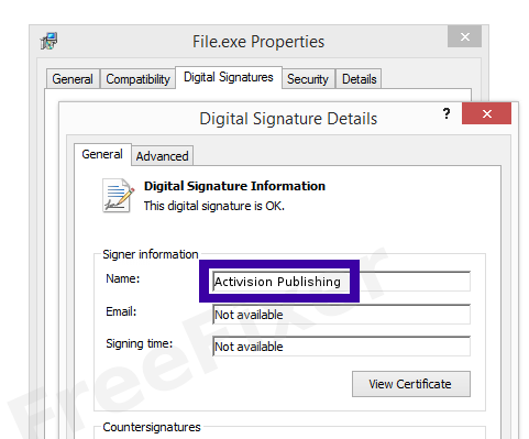 Screenshot of the Activision Publishing certificate